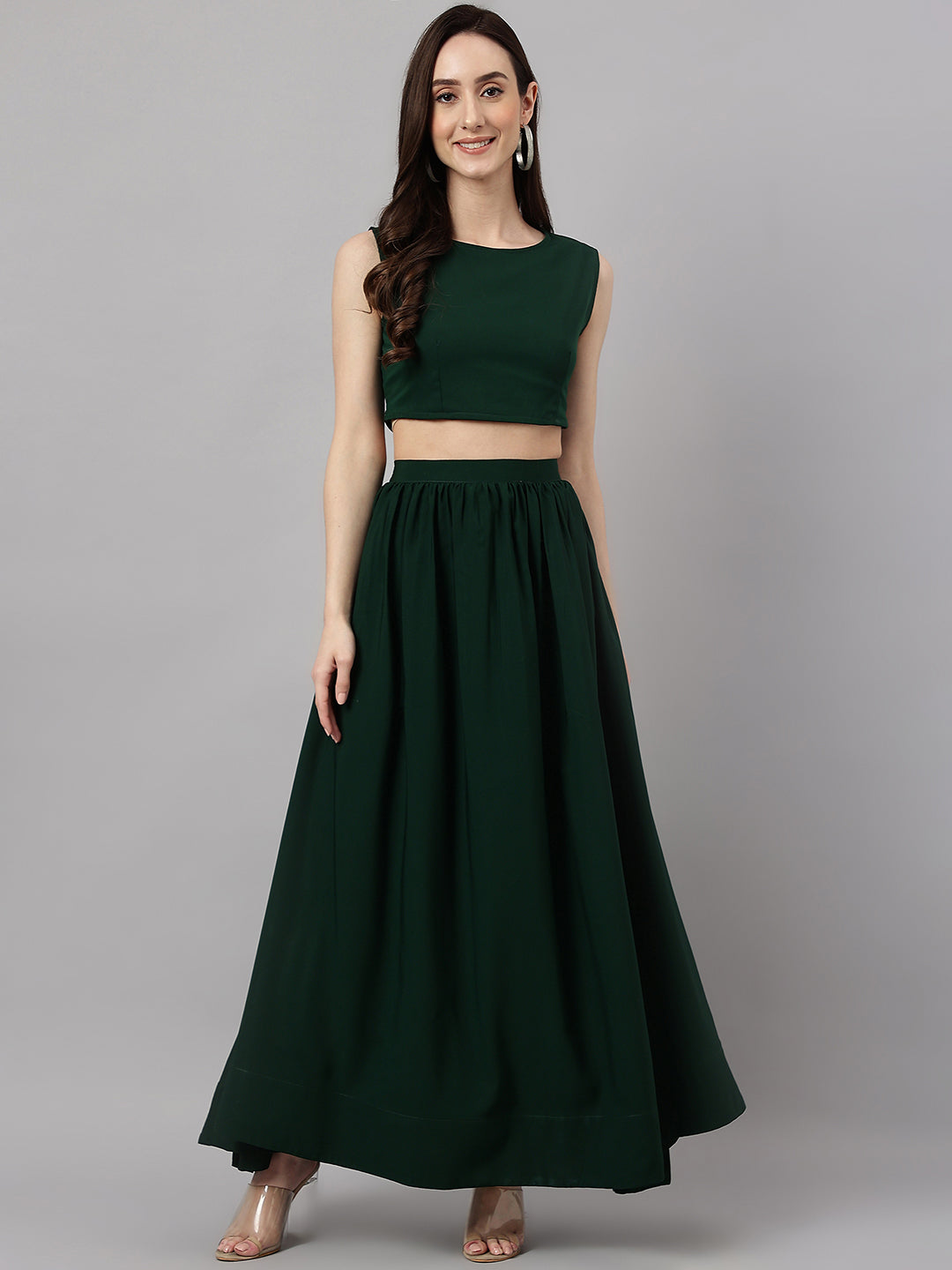 Janasya Women's Green Crepe Solid Crop Top With Skirt And Jacket - Distacart