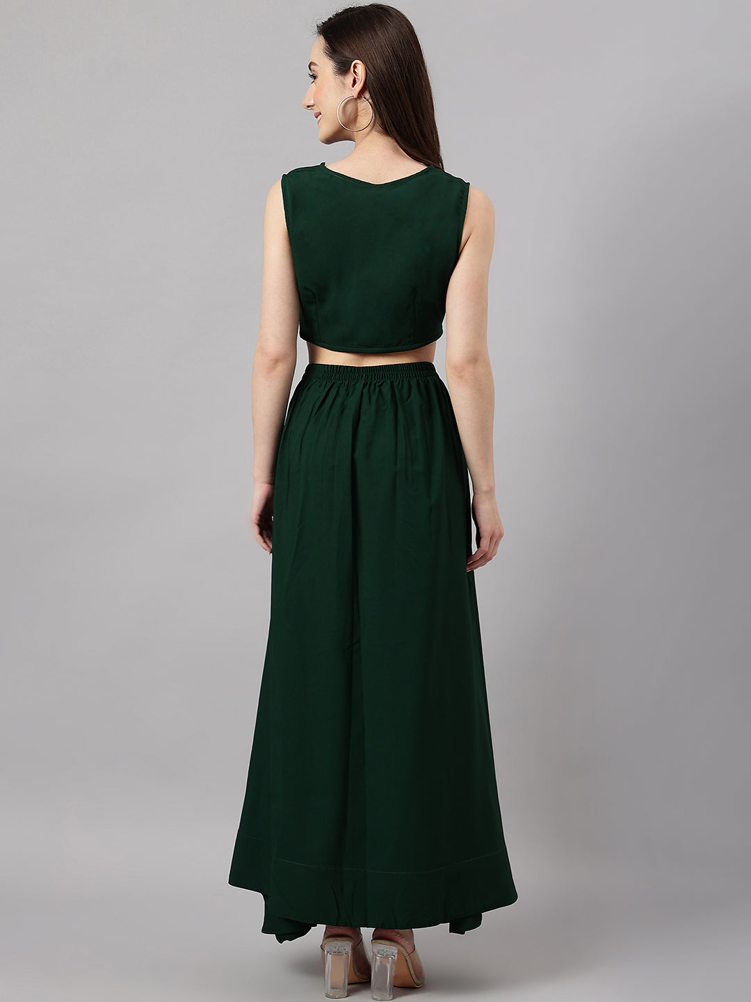 Janasya Women's Green Crepe Solid Crop Top With Skirt And Jacket - Distacart