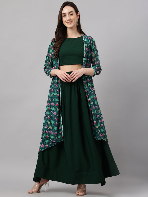 Janasya Women's Green Crepe Solid Crop Top With Skirt And Jacket - Distacart