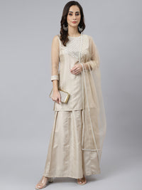 Thumbnail for Janasya Women's Beige Chinon Embellished Kurta With Kali Palazzo And Dupatta - Distacart
