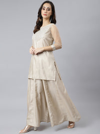 Thumbnail for Janasya Women's Beige Chinon Embellished Kurta With Kali Palazzo And Dupatta - Distacart