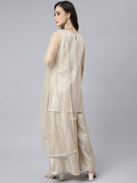 Thumbnail for Janasya Women's Beige Chinon Embellished Kurta With Kali Palazzo And Dupatta - Distacart