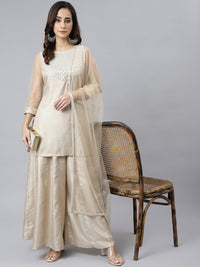 Thumbnail for Janasya Women's Beige Chinon Embellished Kurta With Kali Palazzo And Dupatta - Distacart