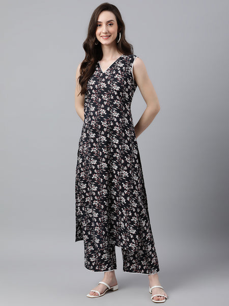 Janasya Women's Black Cotton Floral Printed Straight Casual Kurta Set - Distacart