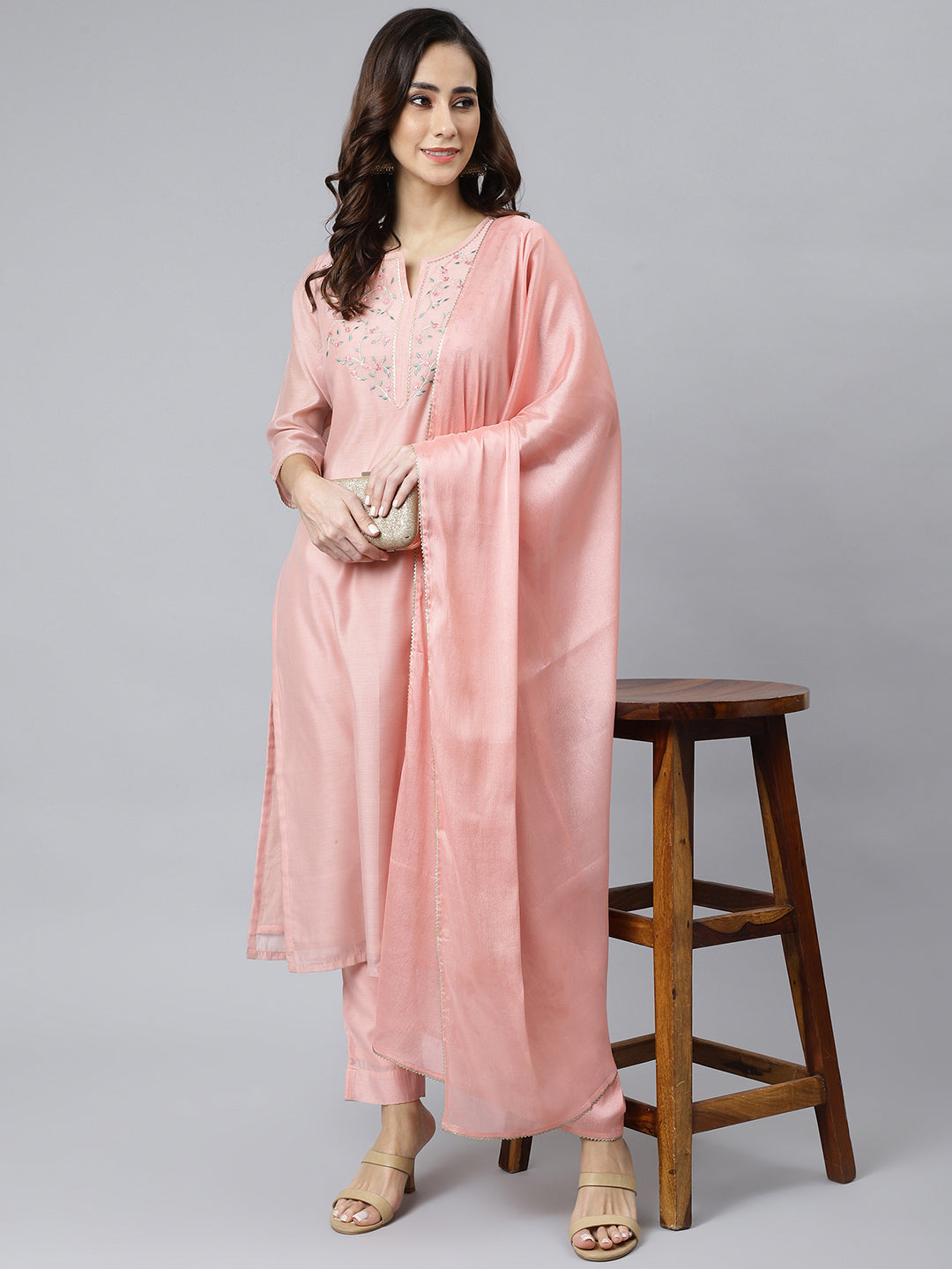 Janasya Women's Baby Pink Poly Silk Solid Kurta With Pant And Dupatta - Distacart