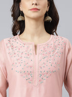 Thumbnail for Janasya Women's Baby Pink Poly Silk Solid Kurta With Pant And Dupatta - Distacart