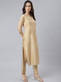 Thumbnail for Janasya Women's Beige Chanderi Silk Solid Kurta With Pant And Dupatta - Distacart