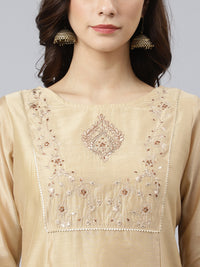 Thumbnail for Janasya Women's Beige Chanderi Silk Solid Kurta With Pant And Dupatta - Distacart