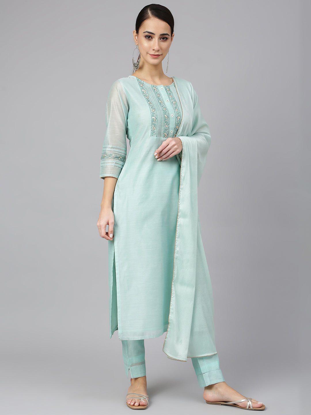 Janasya Women's Sea Blue Chanderi Silk Solid Kurta With Pant And Dupatta - Distacart