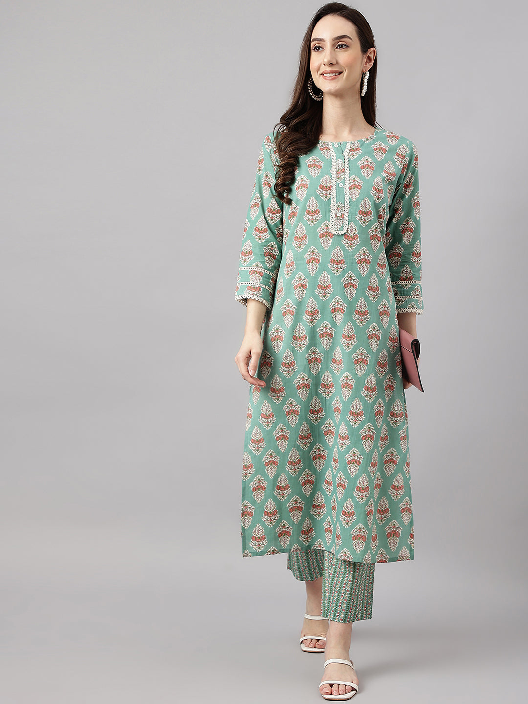 Janasya Women's Mint Green Cotton Floral Printed Straight Casual Kurta Set - Distacart