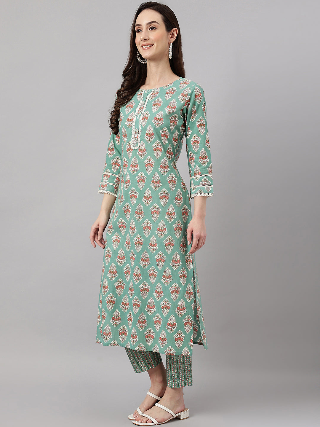 Janasya Women's Mint Green Cotton Floral Printed Straight Casual Kurta Set - Distacart