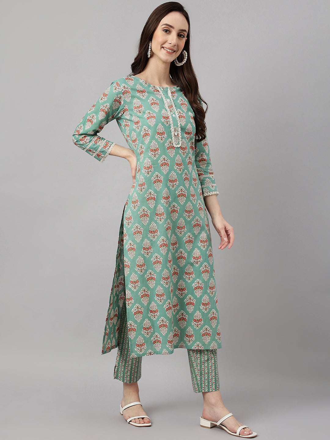Janasya Women's Mint Green Cotton Floral Printed Straight Casual Kurta Set - Distacart