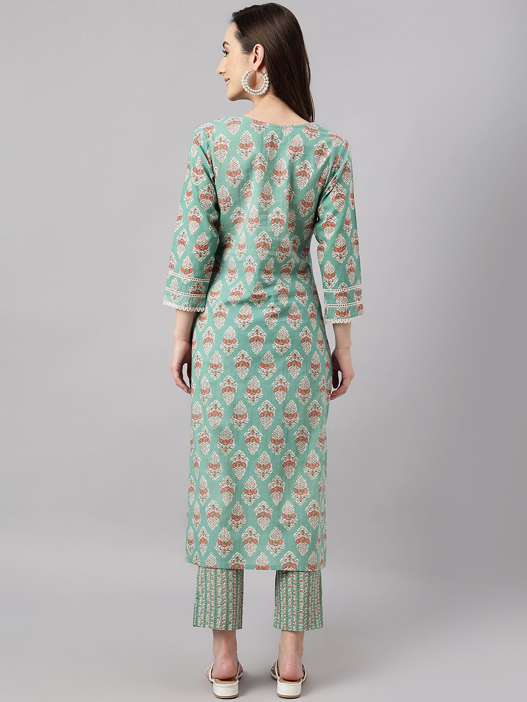 Janasya Women's Mint Green Cotton Floral Printed Straight Casual Kurta Set - Distacart