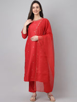 Thumbnail for Janasya Women's Red Chinon Solid Straight Festive Kurta Set - Distacart