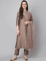 Thumbnail for Janasya Women's Brown Chinon Solid Straight Festive Kurta Set - Distacart