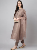 Thumbnail for Janasya Women's Brown Chinon Solid Straight Festive Kurta Set - Distacart