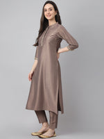 Thumbnail for Janasya Women's Brown Chinon Solid Straight Festive Kurta Set - Distacart