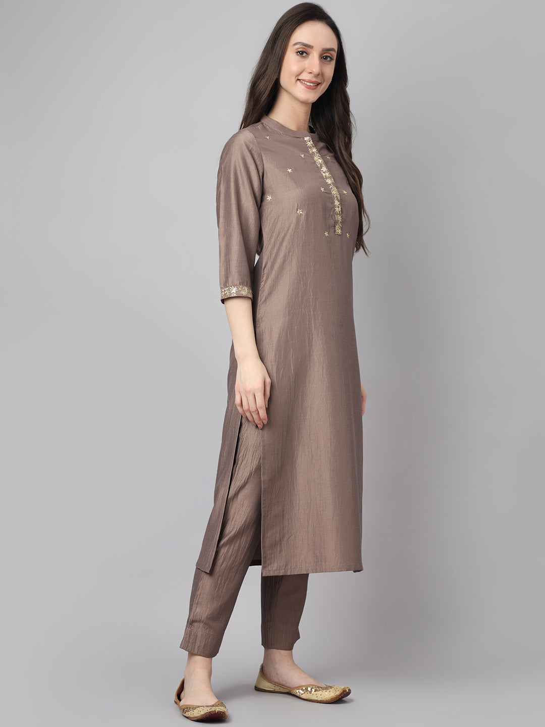 Janasya Women's Brown Chinon Solid Straight Festive Kurta Set - Distacart