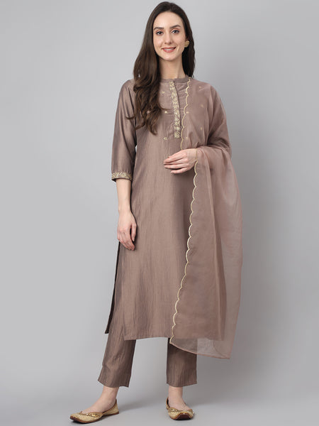 Janasya Women's Brown Chinon Solid Straight Festive Kurta Set - Distacart