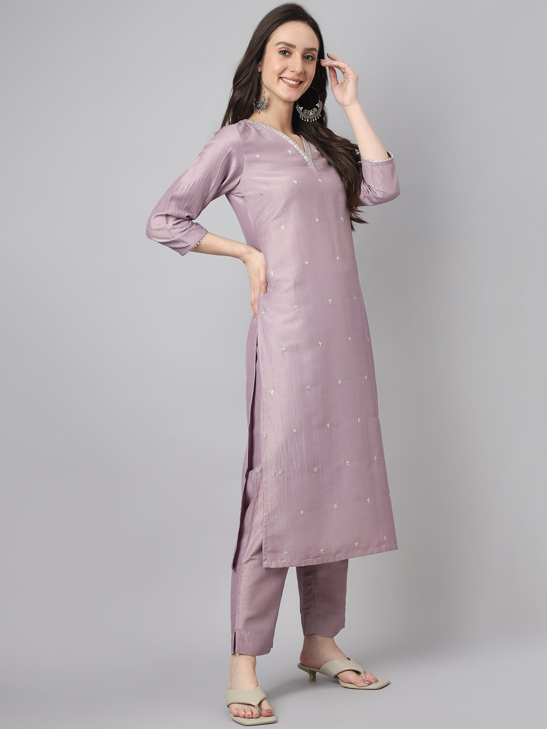 Janasya Women's Lavender Chinon Solid Straight Festive Kurta Set - Distacart