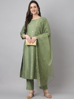 Thumbnail for Janasya Women's Green Chinon Solid Straight Festive Kurta Set - Distacart