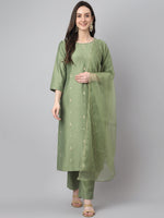 Thumbnail for Janasya Women's Green Chinon Solid Straight Festive Kurta Set - Distacart