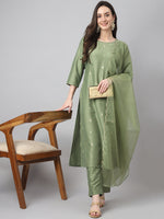 Thumbnail for Janasya Women's Green Chinon Solid Straight Festive Kurta Set - Distacart