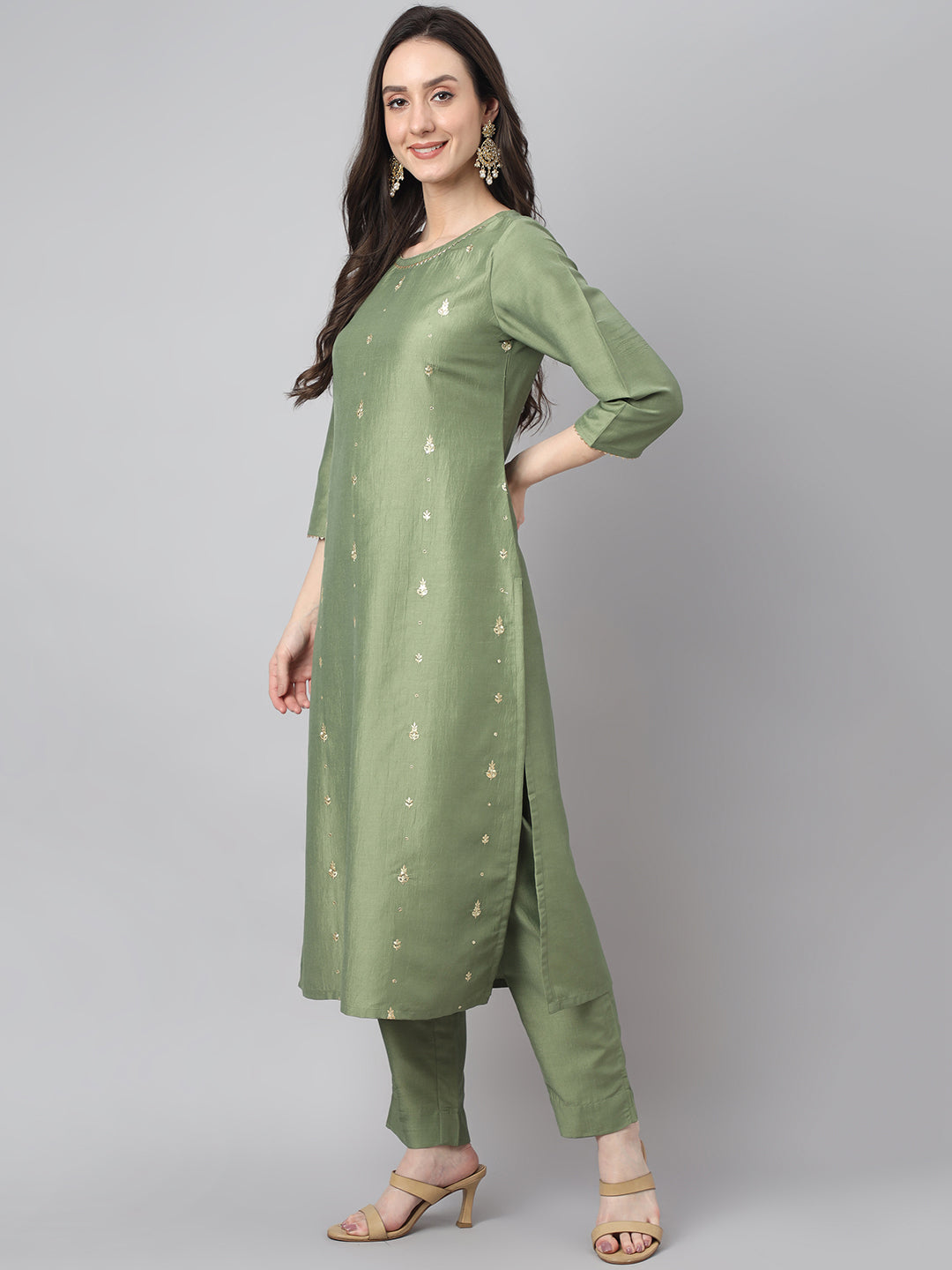 Janasya Women's Green Chinon Solid Straight Festive Kurta Set - Distacart