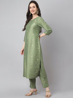 Thumbnail for Janasya Women's Green Chinon Solid Straight Festive Kurta Set - Distacart