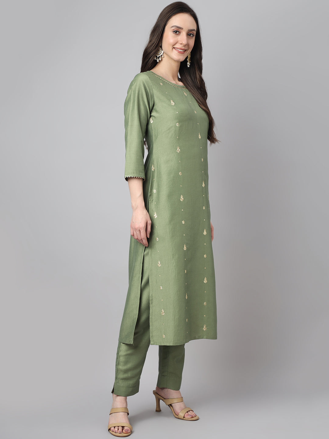 Janasya Women's Green Chinon Solid Straight Festive Kurta Set - Distacart