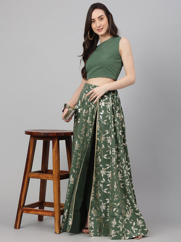 Janasya Women's Olive Green Crepe Solid Lehenga Choli With Pant - Distacart