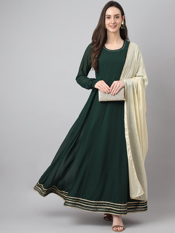 Janasya Women's Bottle Green Georgette Solid Anarkali Festive Kurta Set - Distacart