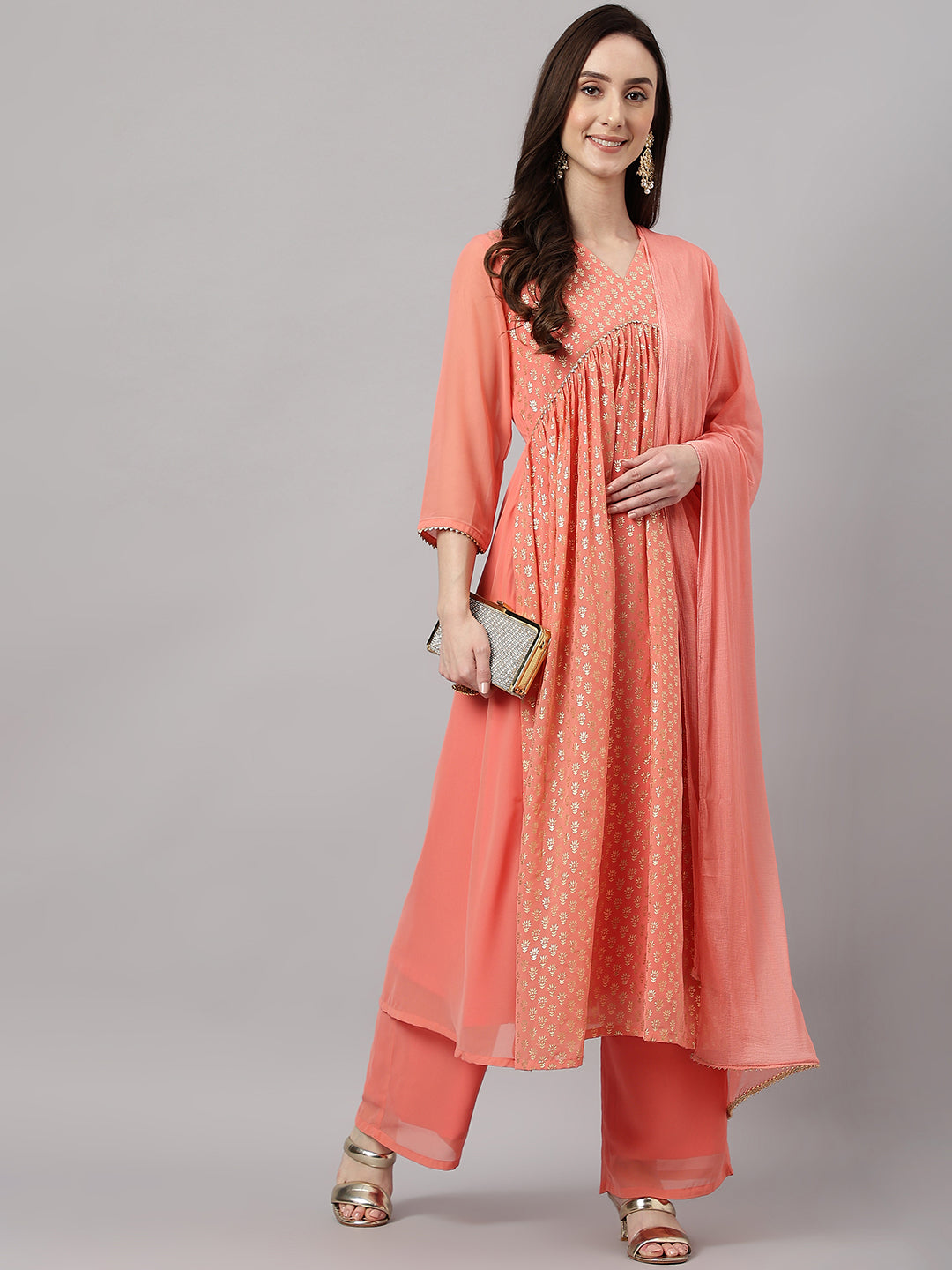 Janasya Women's Peach Georgette Foil Printed Gathered Festive Kurta Set - Distacart