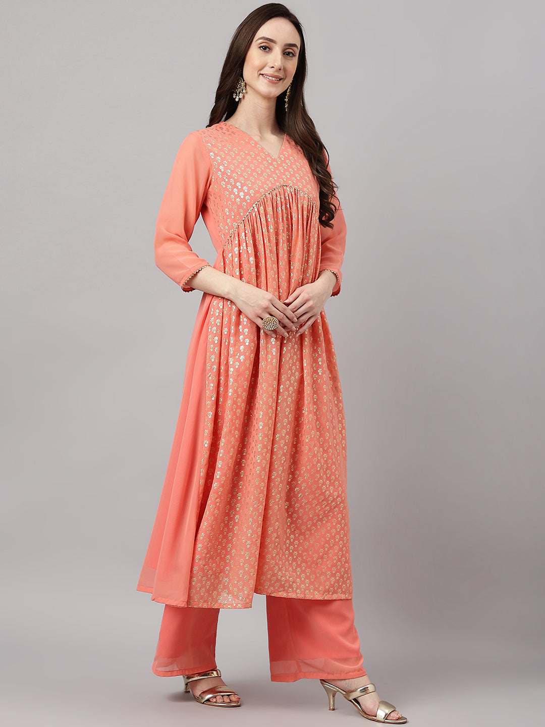 Janasya Women's Peach Georgette Foil Printed Gathered Festive Kurta Set - Distacart