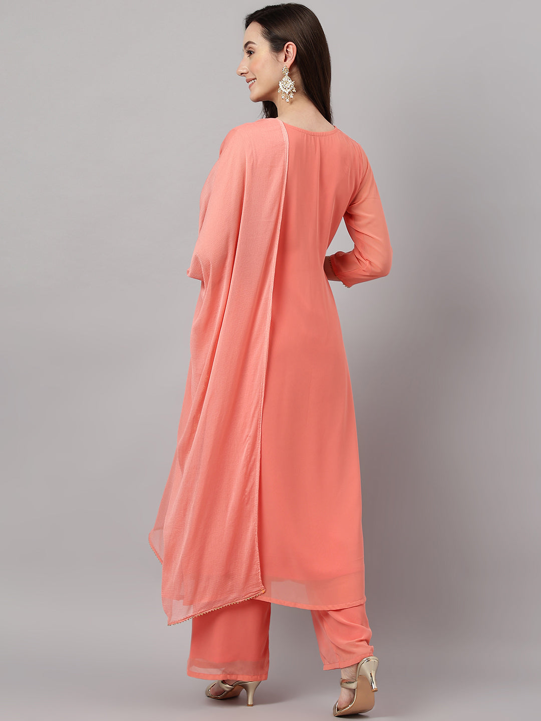 Janasya Women's Peach Georgette Foil Printed Gathered Festive Kurta Set - Distacart