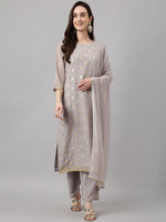 Thumbnail for Janasya Women's Grey Georgette Foil Printed Straight Festive Kurta Set - Distacart