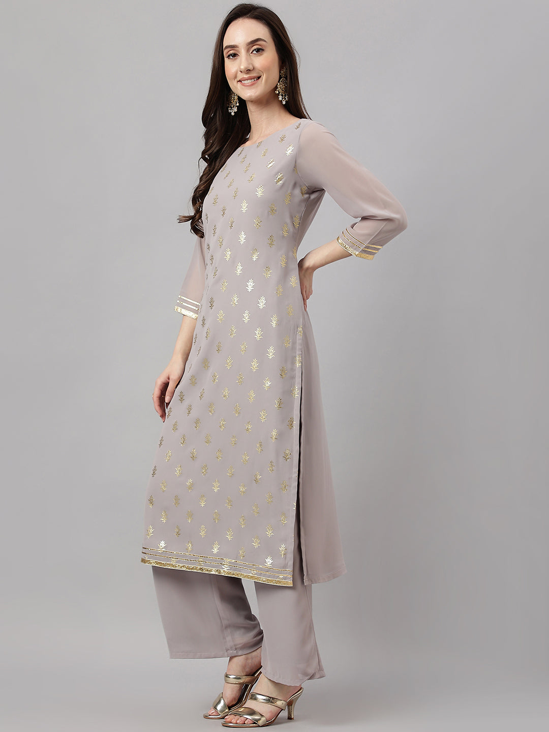 Janasya Women's Grey Georgette Foil Printed Straight Festive Kurta Set - Distacart