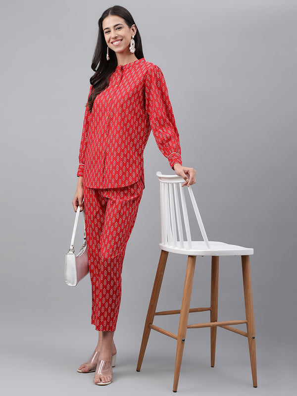 Janasya Women's Red Cotton Ethnic Motifs Regular Casual Top Set - Distacart