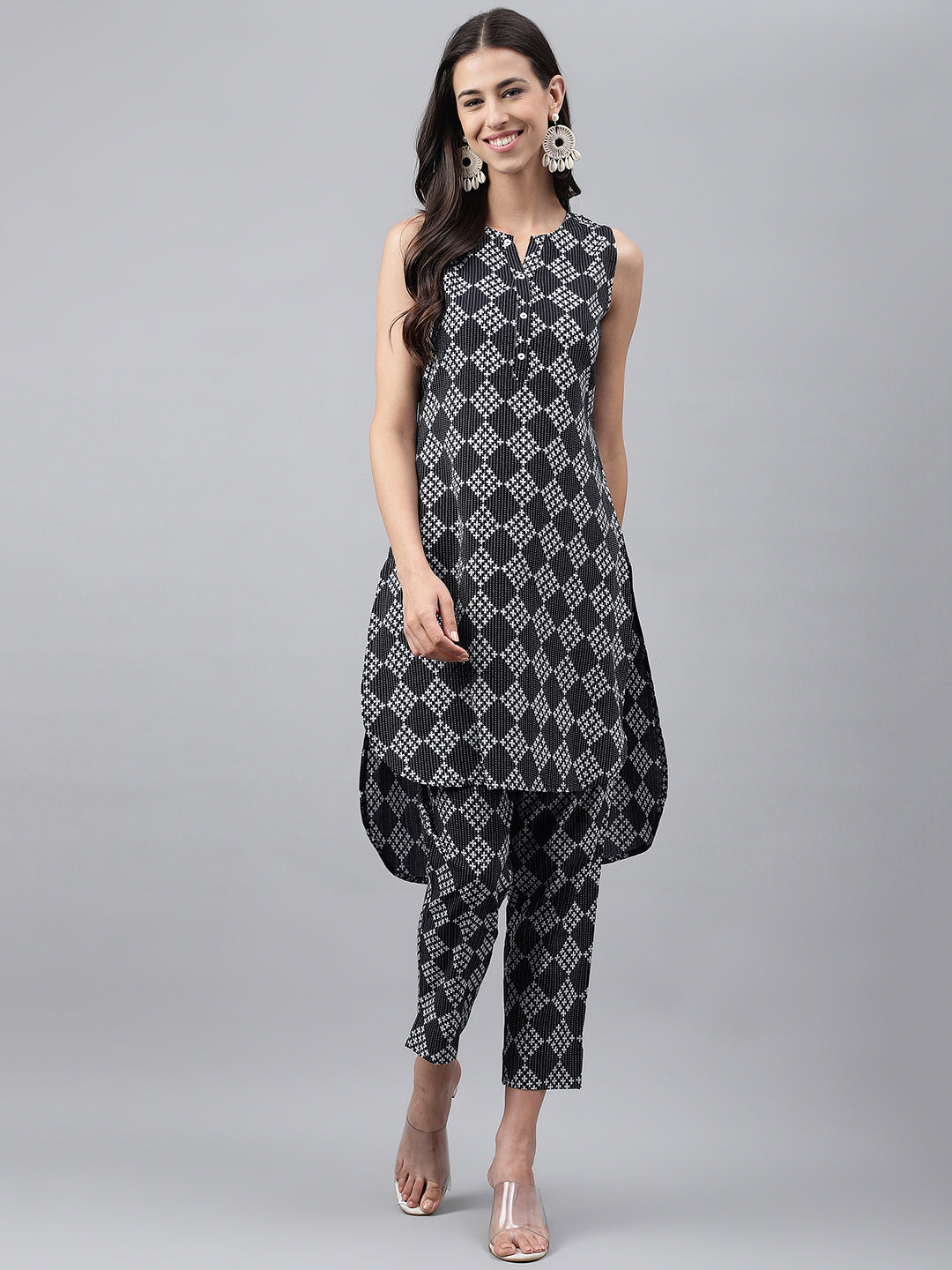 Janasya Women's Black Cotton Ethnic Motifs High Low Casual Kurta Set - Distacart