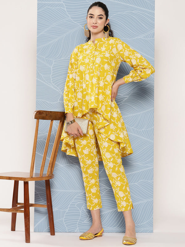 Janasya Women's Mustard Cotton Floral Printed High Low Casual Tunic Set - Distacart