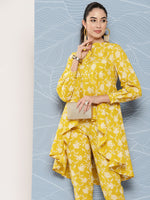 Thumbnail for Janasya Women's Mustard Cotton Floral Printed High Low Casual Tunic Set - Distacart