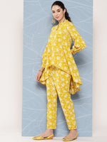 Thumbnail for Janasya Women's Mustard Cotton Floral Printed High Low Casual Tunic Set - Distacart