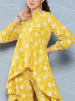 Thumbnail for Janasya Women's Mustard Cotton Floral Printed High Low Casual Tunic Set - Distacart