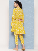 Thumbnail for Janasya Women's Mustard Cotton Floral Printed High Low Casual Tunic Set - Distacart