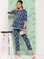 Thumbnail for Janasya Women's Blue Cotton Floral Printed Peplum Casual Top Set - Distacart