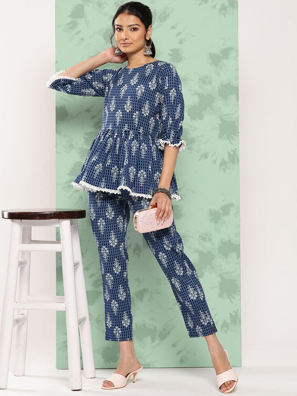 Janasya Women's Blue Cotton Floral Printed Peplum Casual Top Set - Distacart