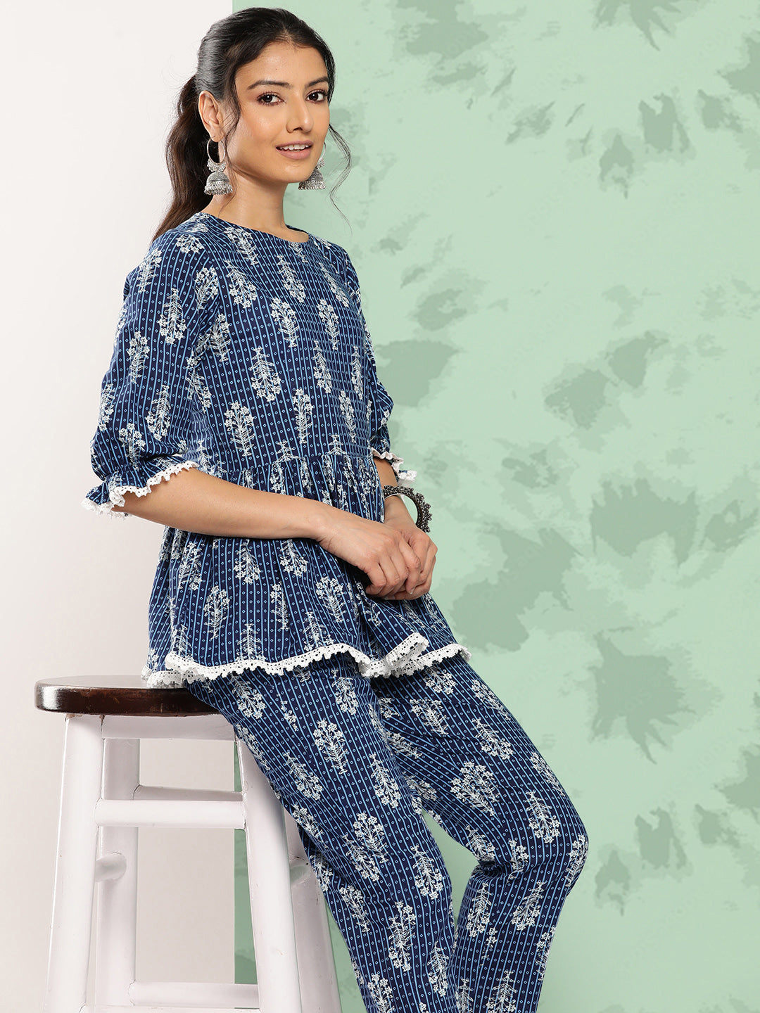 Janasya Women's Blue Cotton Floral Printed Peplum Casual Top Set - Distacart