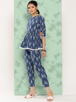 Thumbnail for Janasya Women's Blue Cotton Floral Printed Peplum Casual Top Set - Distacart