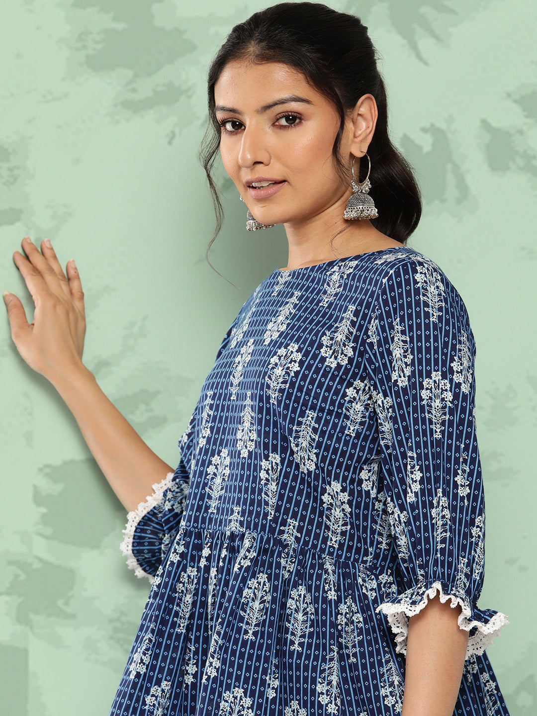 Janasya Women's Blue Cotton Floral Printed Peplum Casual Top Set - Distacart