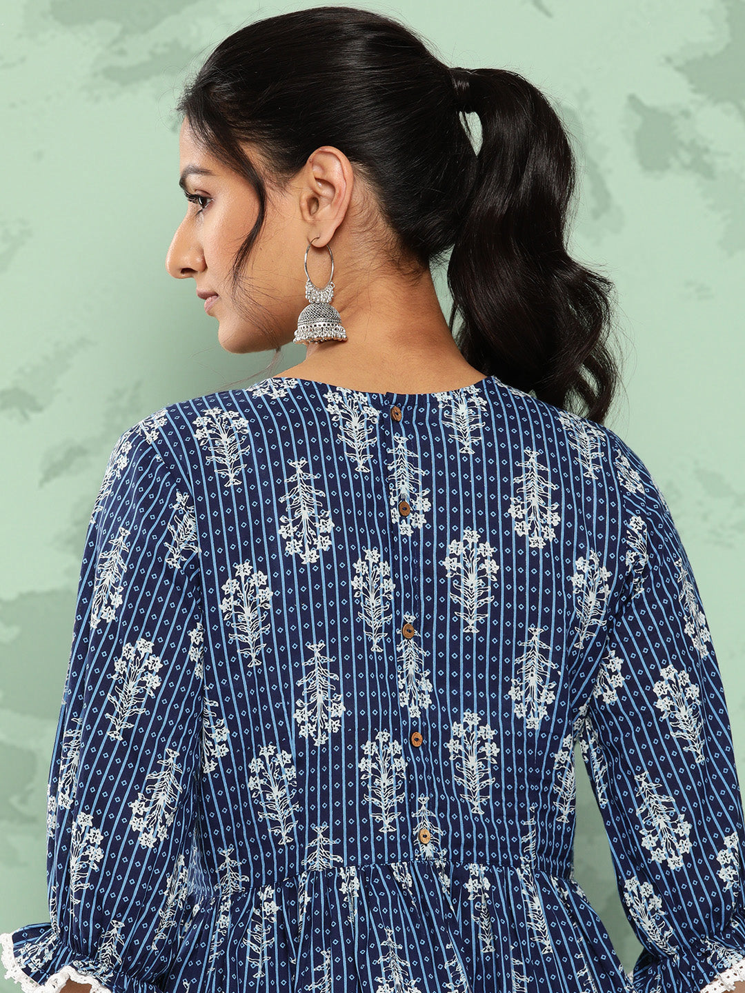 Janasya Women's Blue Cotton Floral Printed Peplum Casual Top Set - Distacart